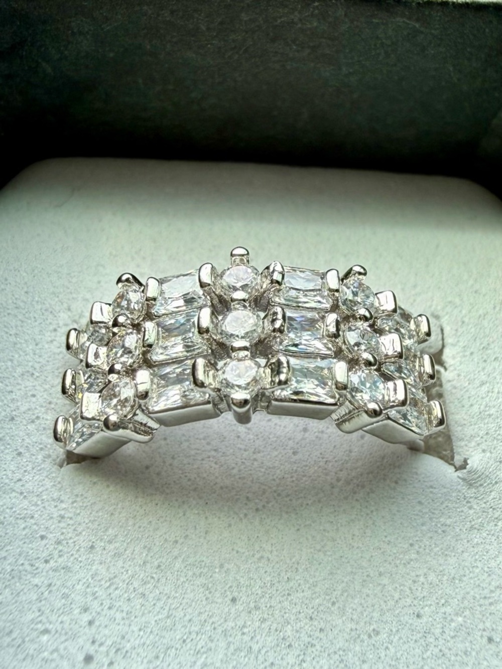 NEW! 14k White gold plated Cubic Zirconia Three-Row Statement Ring - size 7.75